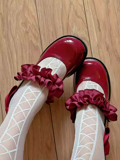 Polished Wine Red Round Toe Ruffle Trim Block Heel Mary Janes with Beaded Chain