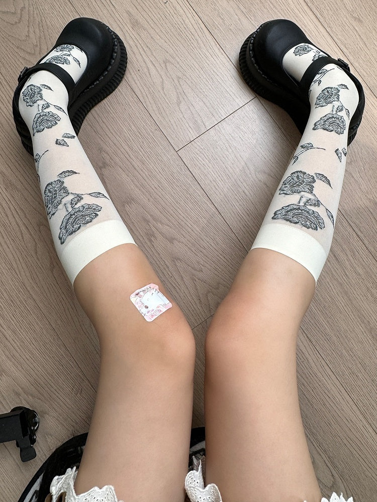 Pattern Stockings Trim Under-knee Black/White Ribbed Rosette
