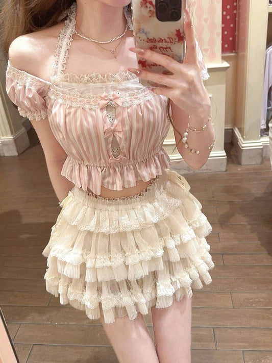 Pink Striped Puff Lace Bow Accents With Halter Top Sleeves Crop