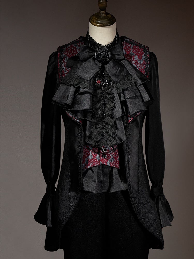 Black and Red Prince Outfit Ouji Lolita Full Set - Black Long Sleeves Shirt + Waistcoat + Black Pants