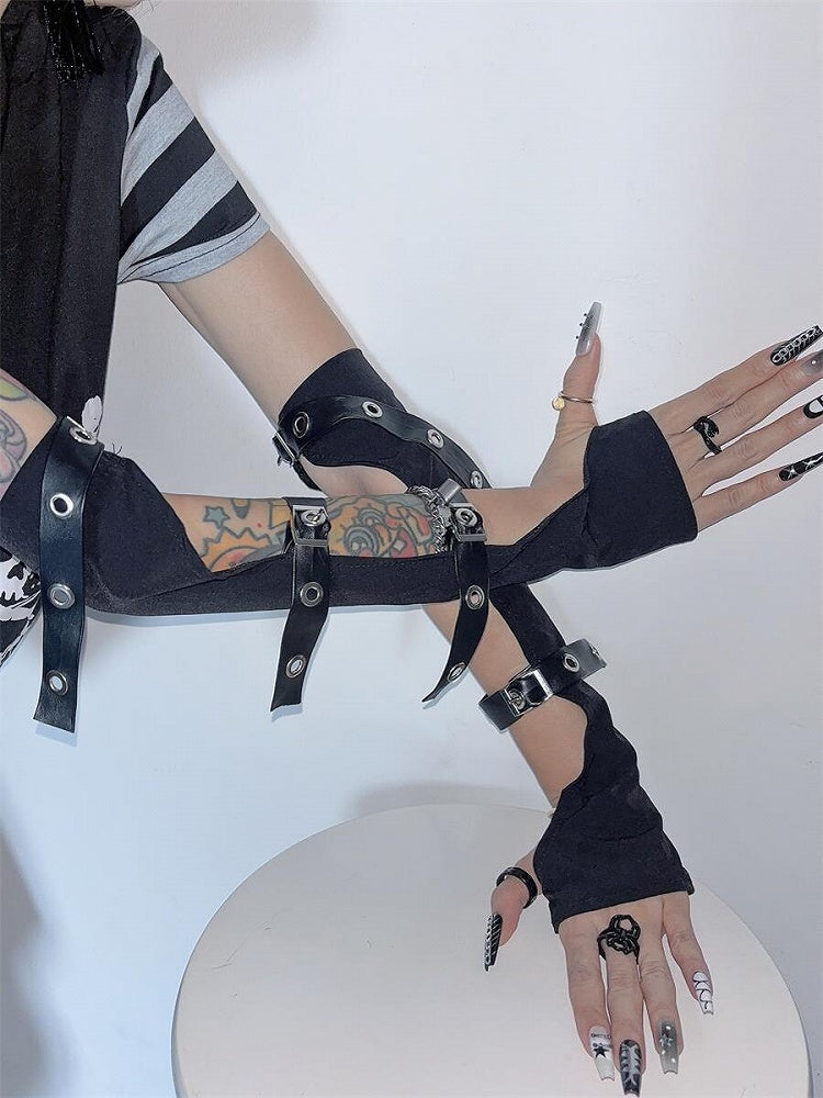 Black Punk Half Finger Gloves with Buckle Straps