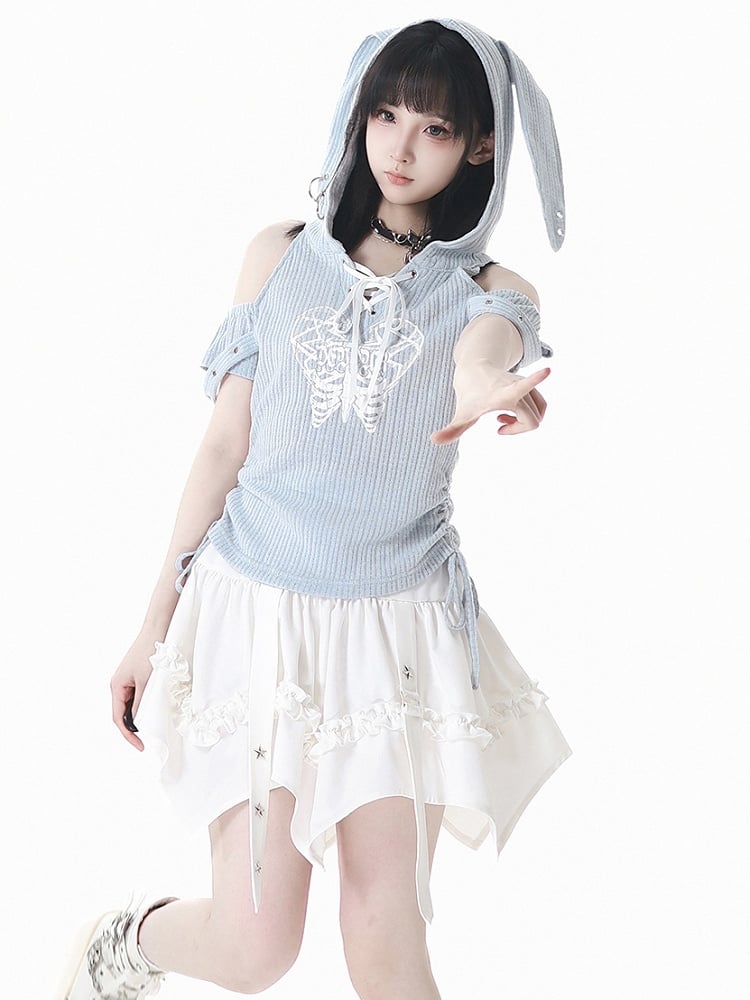 Blue Lace-up Hood T-Shirt Light Drawstring Waist Bunny Ear Design Neckline