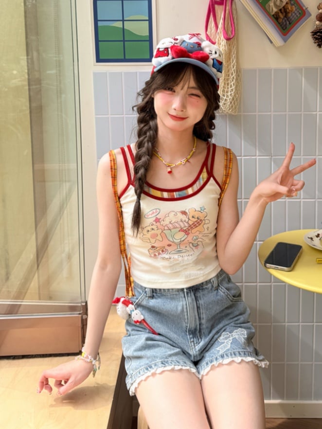 Blue Bowknot Embroidery Cuff Lace Trim Denim Shorts