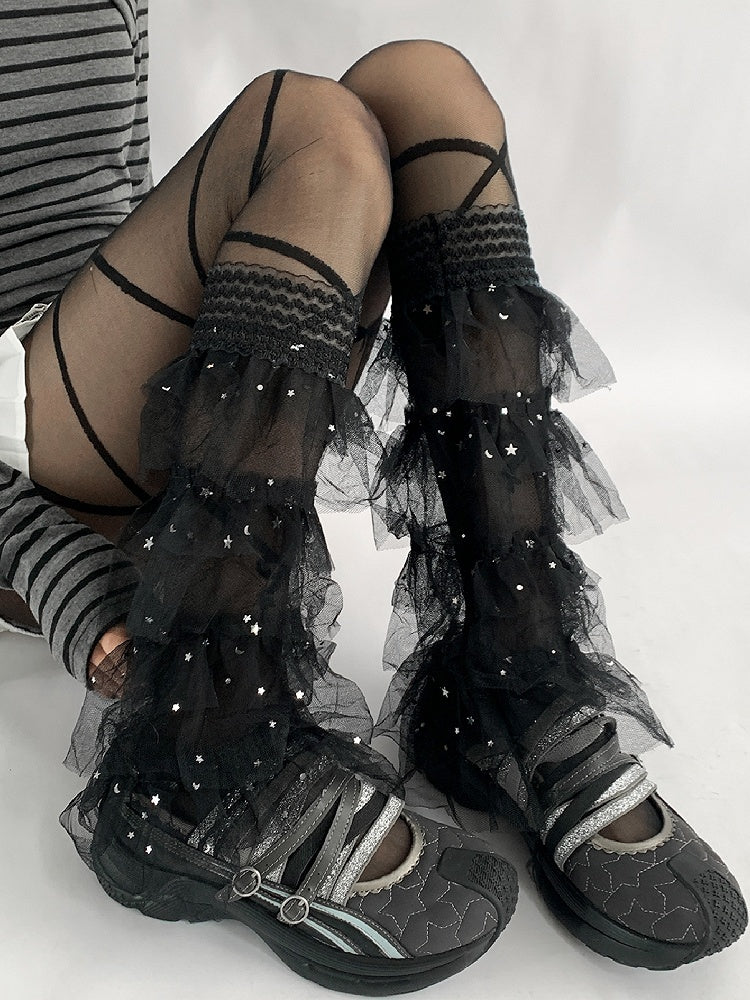 Lace Moon Leg Y2K Details And Trim Tiered White/Black Sleeves Star