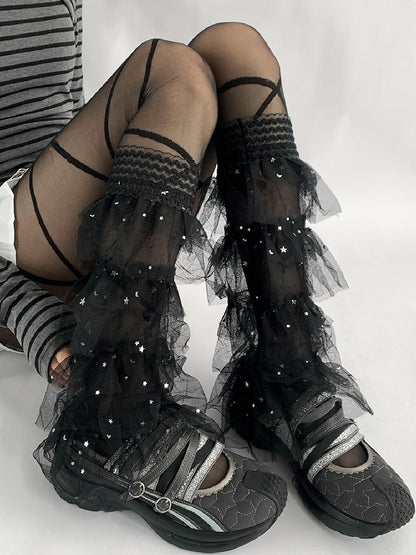 Lace Moon Leg Y2K Details And Trim Tiered White/Black Sleeves Star