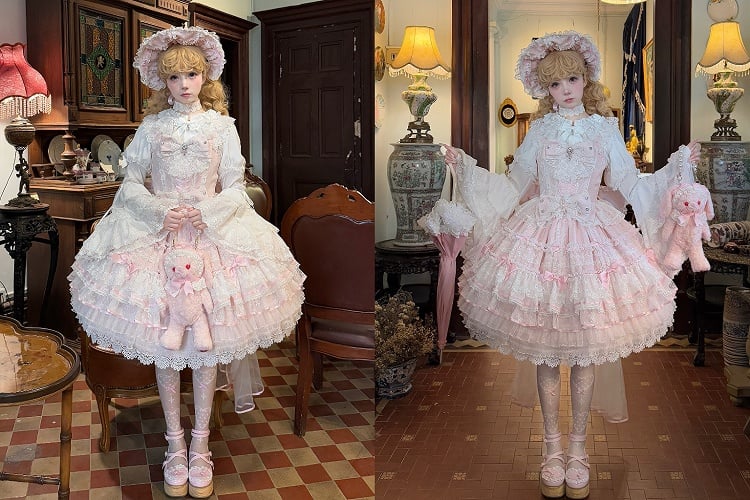 Pink Layered Skirt Hanayome Dress Sweet Hime Lolita Jumper Skirt with Removable Bows