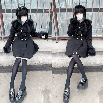 Jirai Kei Black Detachable Plush Collar and Cuffs Landmine Style Woolen Coat with Bow