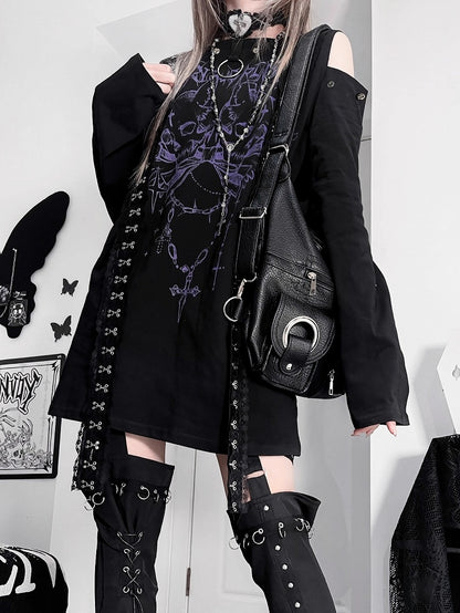 Shoulder Print BlackPurple And Cutout Top Emo Skeleton Punk Letter Long Sleeves