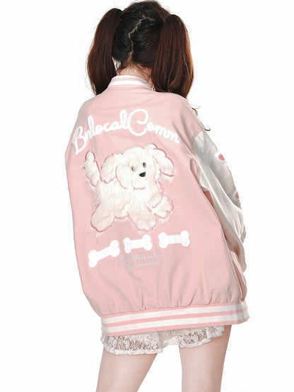 Blau/Pinke Baseballjacke mit süßer Welpen-Applikation auf der Rückseite
