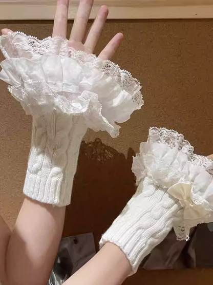 White Bow Layered Lace Cuff Knitted Wrist Cuffs