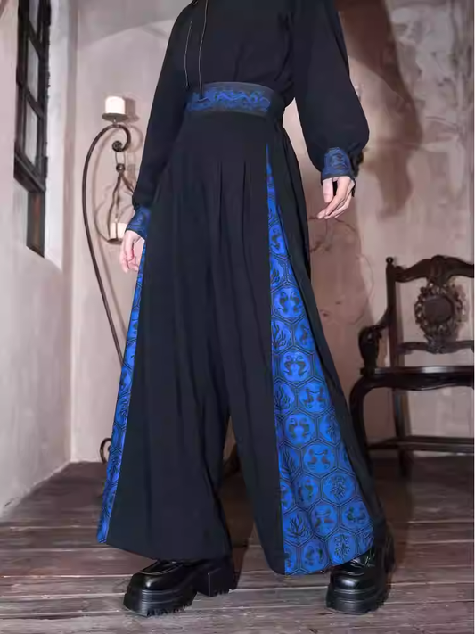 Blue Black Coral Drawsting Style	Wide-leg Cuff Pants Seahorse and Print Cheongsam