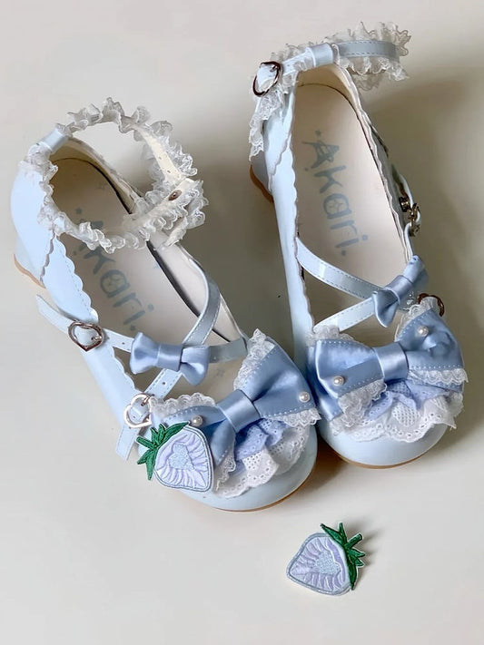Heels Block Clip with Lolita Mid Strawberry Blue Lace Layered Bow - Shoe