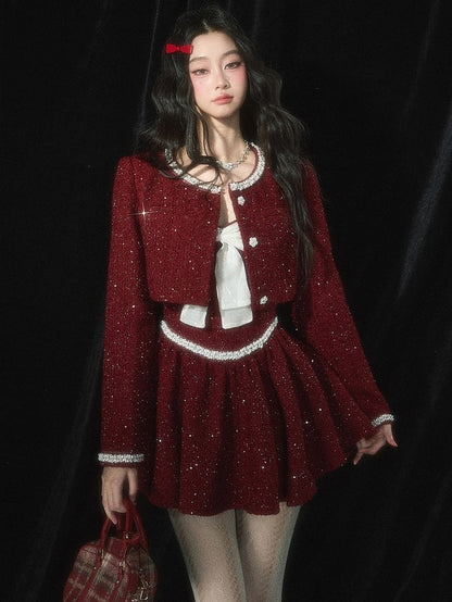 Robe nuisette en tweed rouge de Noël avec nœud papillon et détails en perles