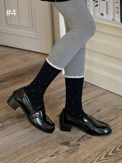 Polka-dot Pattern Ruffled Cuff Calf Socks