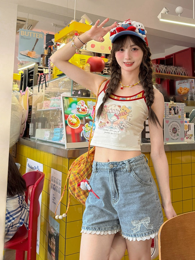 Blue Bowknot Embroidery Cuff Lace Trim Denim Shorts