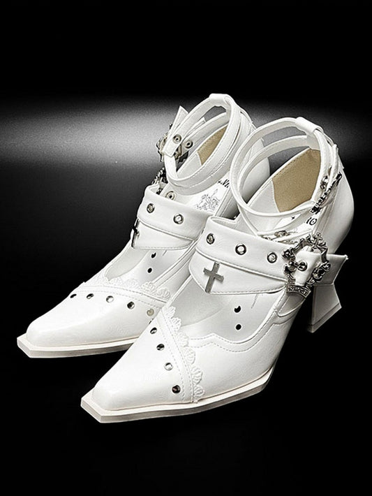 Punk Pointed Toe High Block Heels in White Coffin Buckles and Metal Cross with Gothic 8.5cm