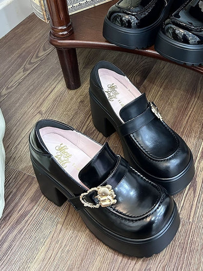 Matte Slipons Hugging Heart High Bear Platform Heels Black Buckles Block