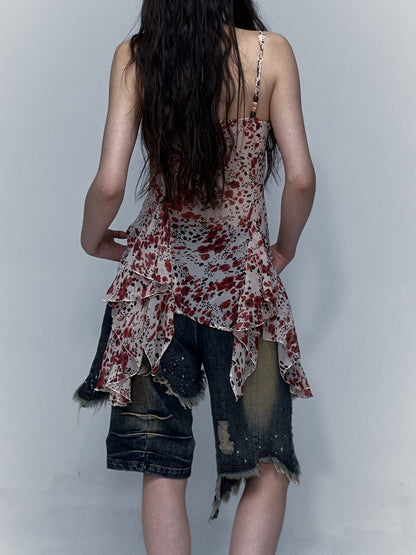 Handkerchief Floral Hem Slip and Lace Red Trim Dress Punk Y2K Print with