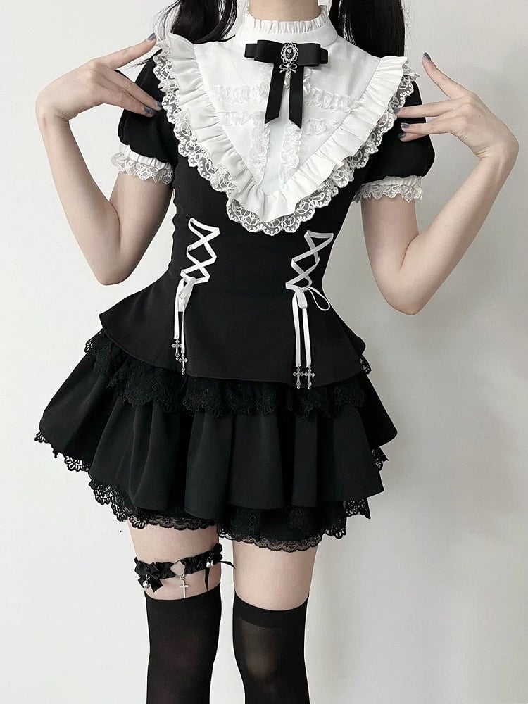 Kurze Rüschen Schwarze Ärmel Weißer Ausschnitt Gothic Kreuz Schnürung Charms Kleid Lolita