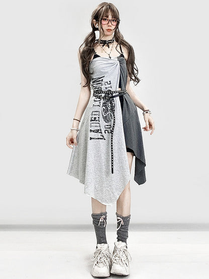 Shorts Hem Black Slit With Letter Asymmetrical Side Skirt Gray Print Glamorous