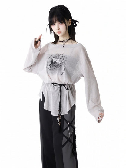 Three Set Strap Bunny Print Coverup+Cami Top +Self-tie Gray Off-the-shoulder Pieces