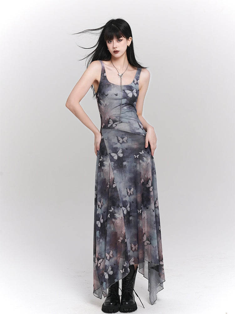 Robe sans manches à ourlet asymétrique et imprimé papillon bleu et violet
