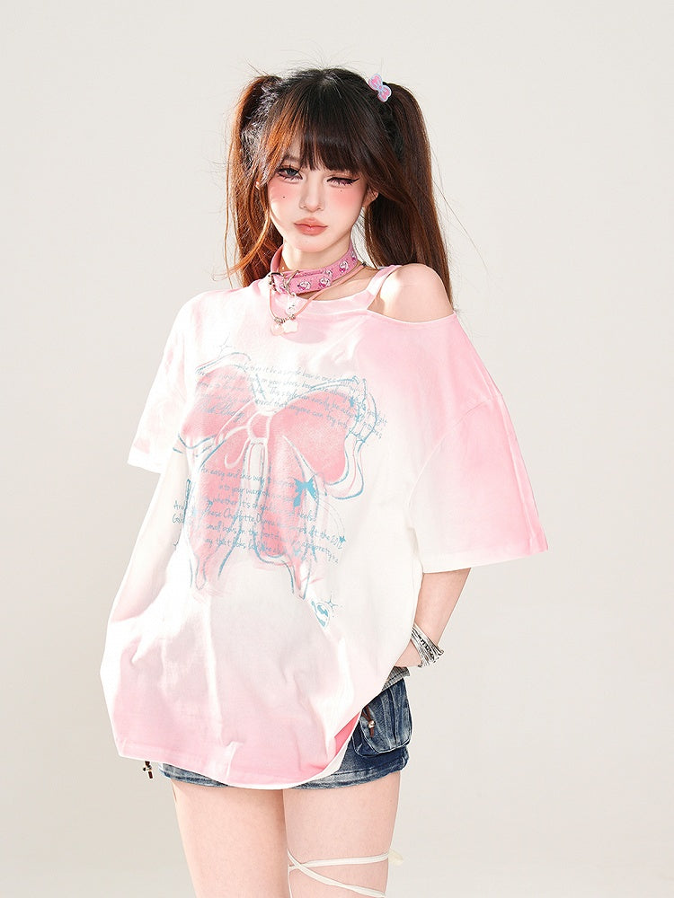 Butterfly Rose Pink/Pink/Gray Loose Shoulder T-Shirt Print Ombre Cutout