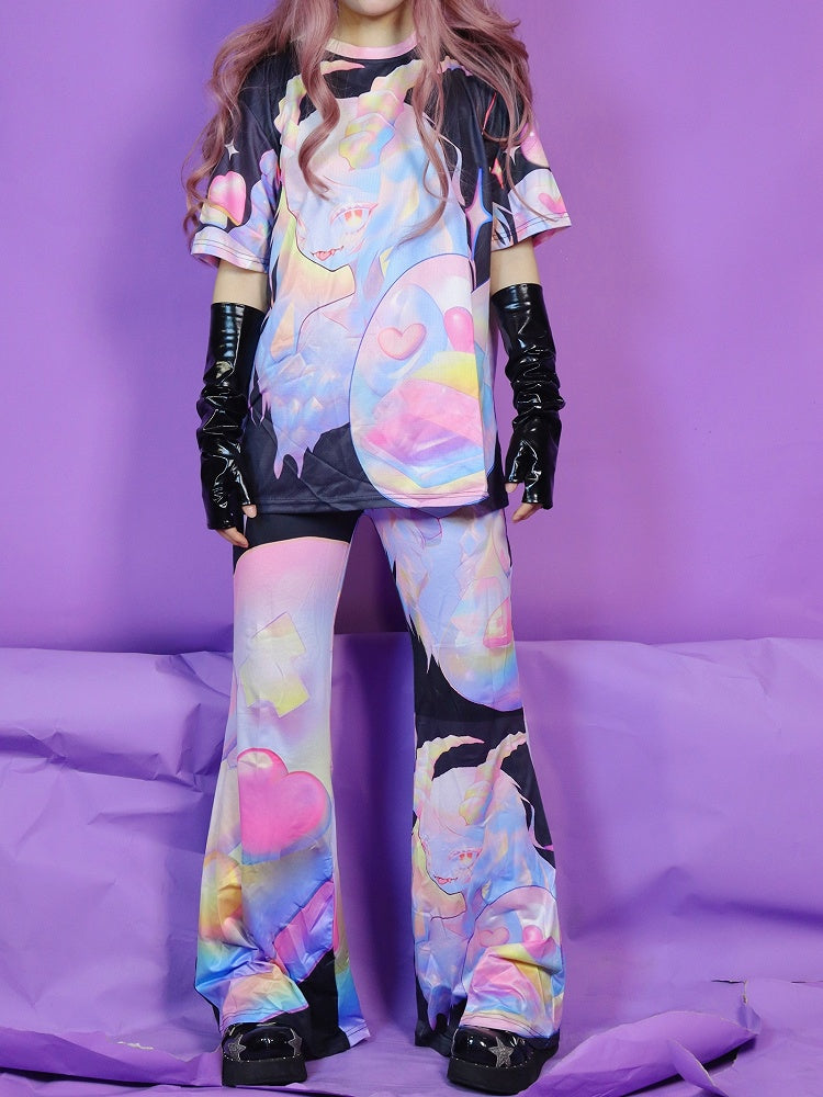 Fashion Colorful Gyaru Flared Cartoon Pattern Pants