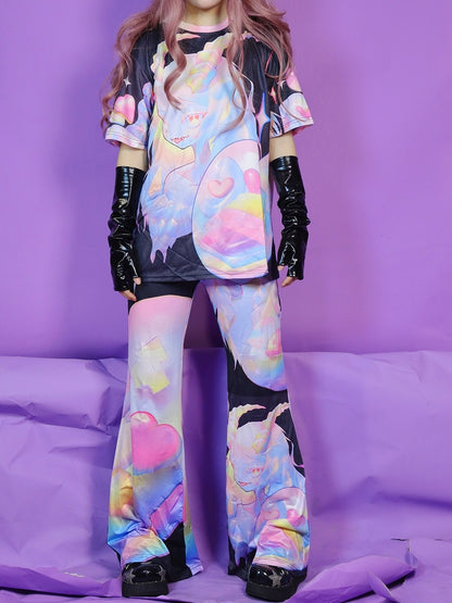 Fashion Colorful Gyaru Flared Cartoon Pattern Pants