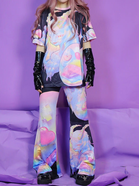 Fashion Colorful Gyaru Flared Cartoon Pattern Pants