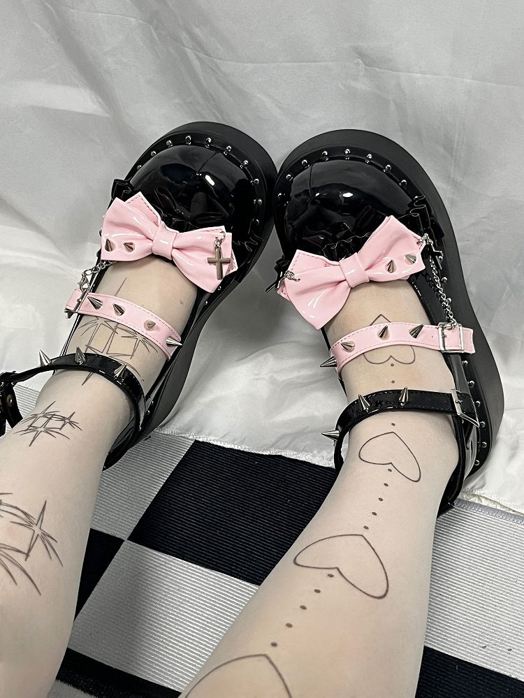 Y2K Polished Black&Pink Stud Bowknot Buckle Strap Punk Platform Shoes