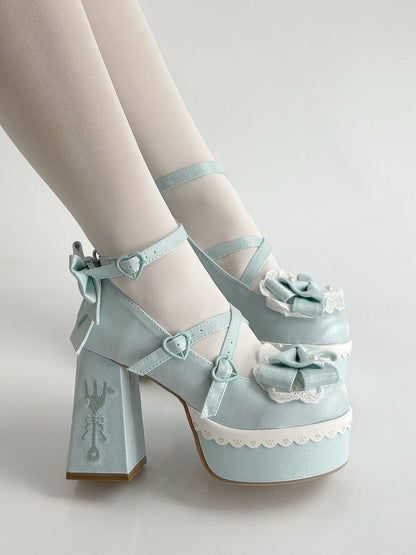 Blue Lolita Lace Bowknot Buckle Straps Fork Platform Block High Heels