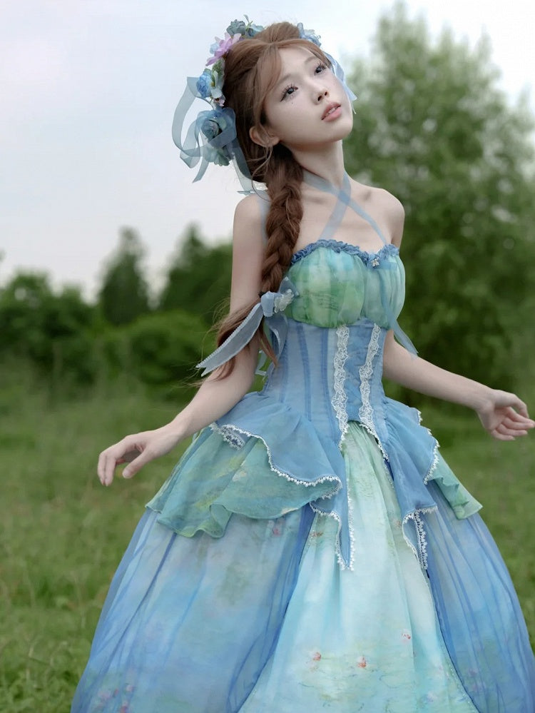 Tiered Flounce Hem Halter Boned Corset Top Print Sky Painting Fairy Oil Blue
