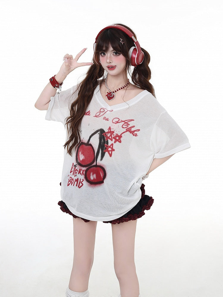 T-Shirt White Semi-Sheer V-Neck Cherry Print Sun Protection Bittersweet