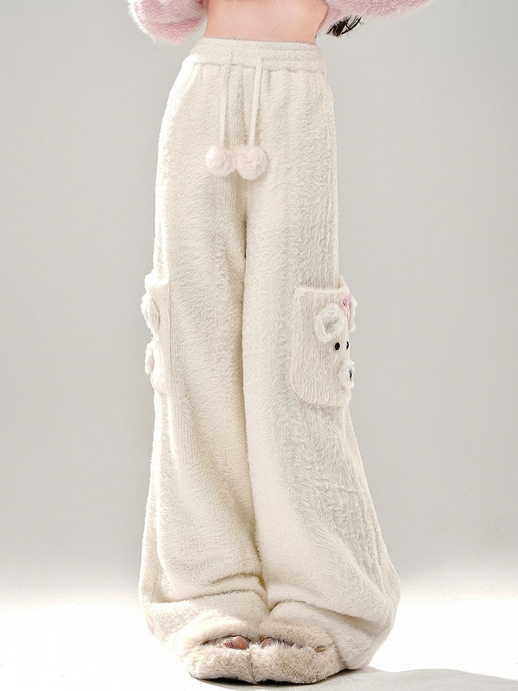 Milk White Cute Bear Pockets Fleece Lined Wide-leg Cut Soft Pants