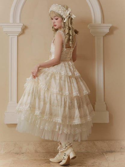 Cream Tiered Print Skirt Jumper Beads Lolita Neckline