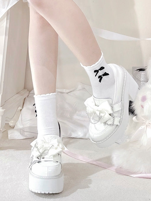 Cross Rhinestoned Kei White Chain Buckles Loafers Decorated Platform Bow Polished Jirai