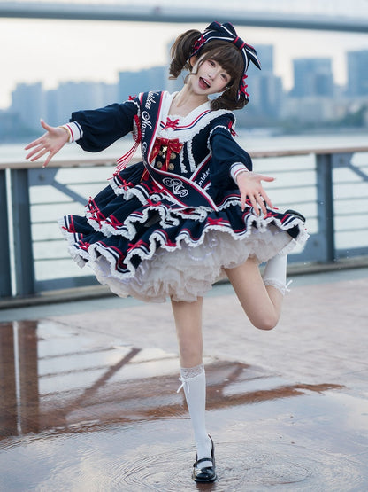 Lolita Dress Short Detachable Navy with Sleeves Blue Summer Sailor Collar
