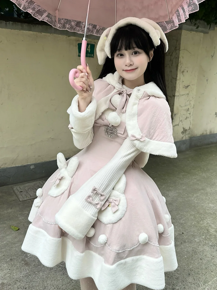 Pink Winter Sweet Bunny Theme Christmas Lolita Dress Plush Neckline and Hemline