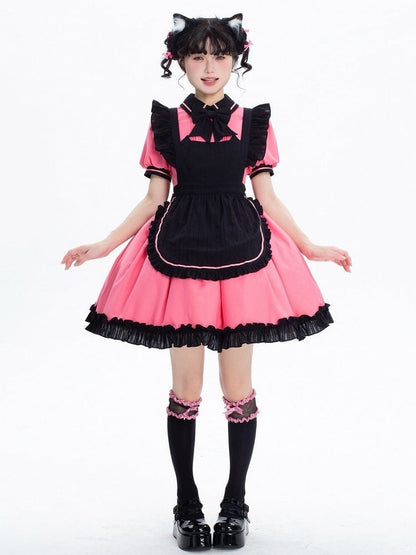 + and Black Sleeves Puff Maid Short Apron Dress Lolita Pink Kitty