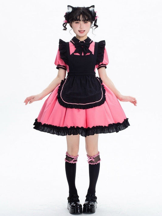 + and Black Sleeves Puff Maid Short Apron Dress Lolita Pink Kitty
