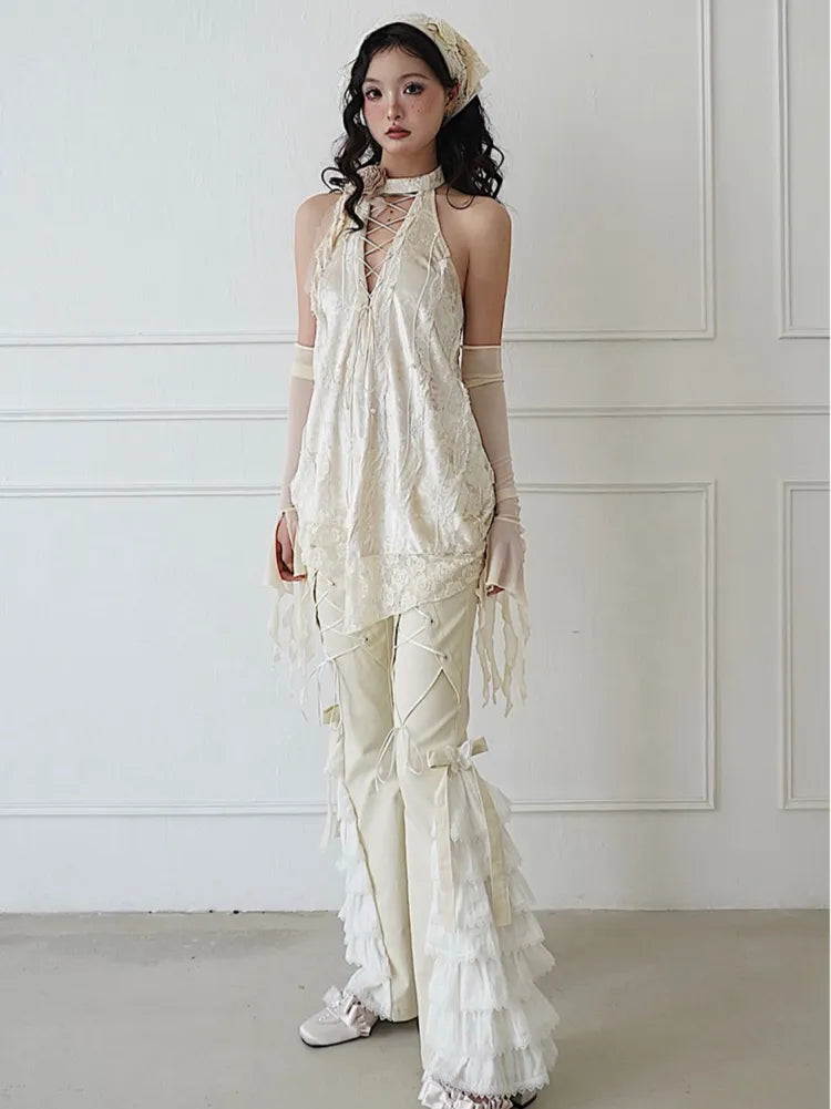 Pants Design Beige with and Tiered Flared Detail Butterflies Lace-up Bowknots