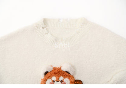 White Cute Red Panda Adorned Distress Trim Loose Sweater