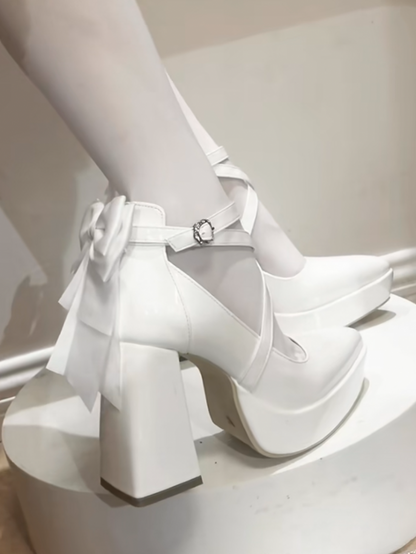 Gothic White Detachable Bowknot Crisscross Buckle Strap Platform High Block Heels