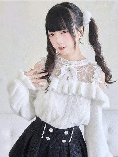 Ruffle Trim White Jirai Kai Contrast Lace Patches  Sweater Cutout Shoulder Bowknots