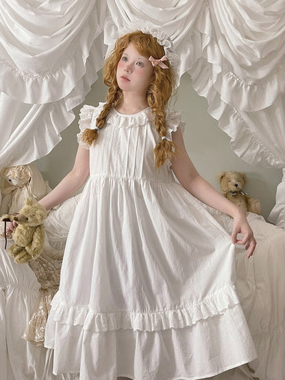 White Eyelet Trim Flutter Sleeves Dress