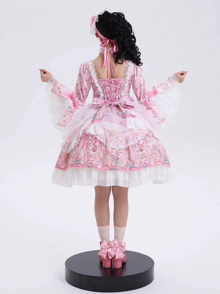 Pink Rosette Print Rococo Fashion Inspired Lolita Dress Square Neckline Bell Sleeves OP / Full Set