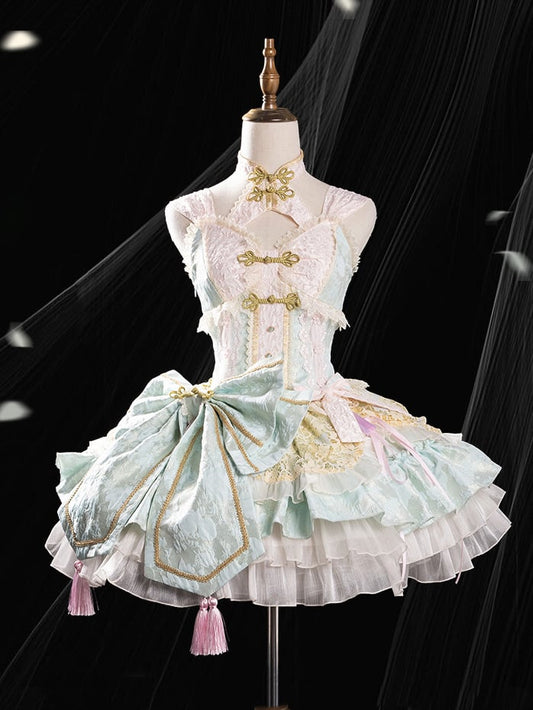 Light Green and Pink Corset Waist Qi Lolita Dress with Big Bow on Waist