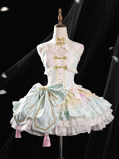 Hellgrünes und rosa Qi-Lolita-Kleid mit Korsett-Taille und großer Schleife an der Taille