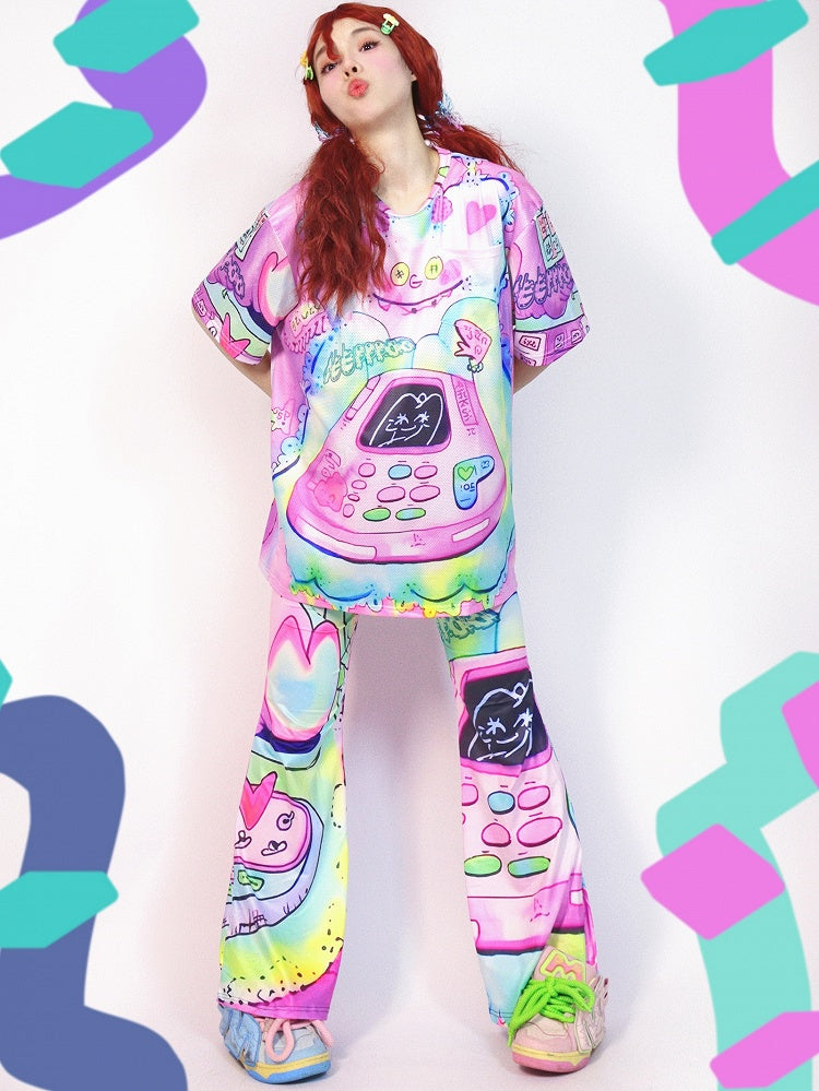 Cartoon Silhouette Pants Flare Print Y2K Colorful